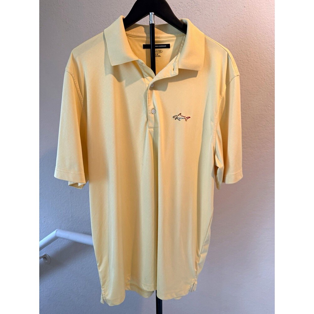 Greg Norman Play Dry Golf Polo Mens Large Yellow Performance Shark Logo Shirt